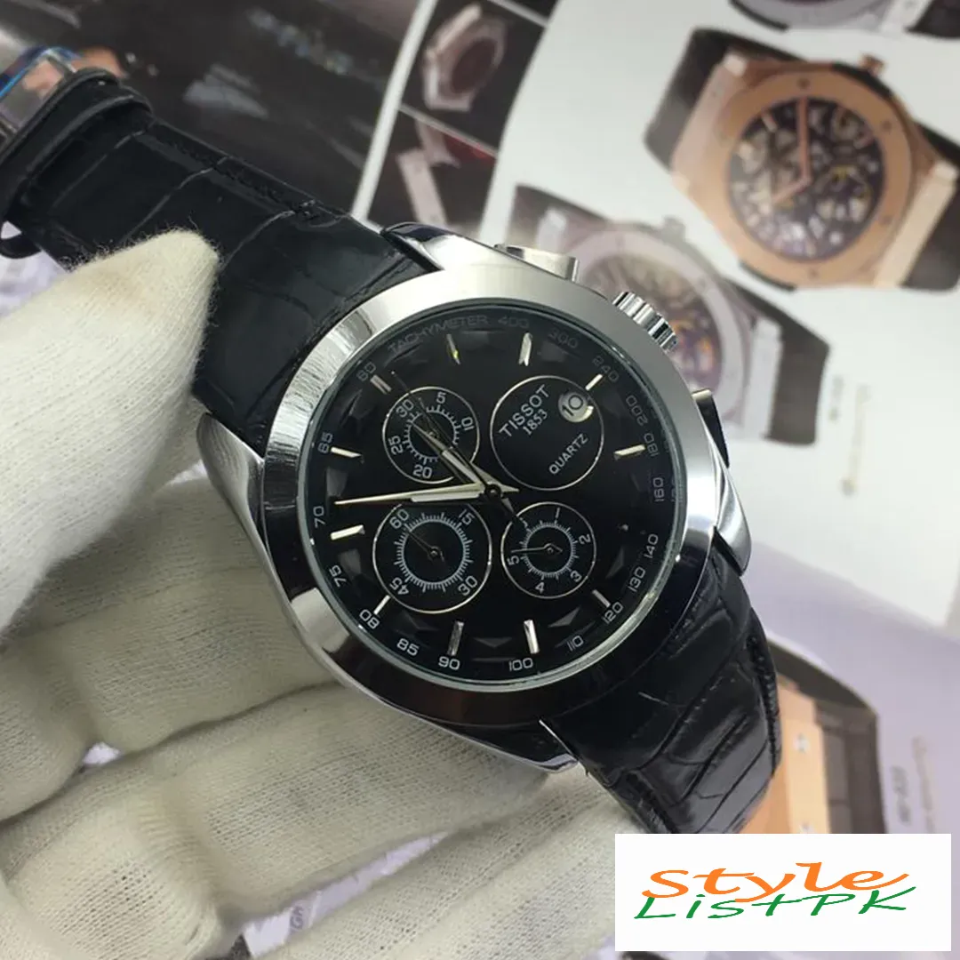 Best Price Tissot chronograph Black Leather silver watch